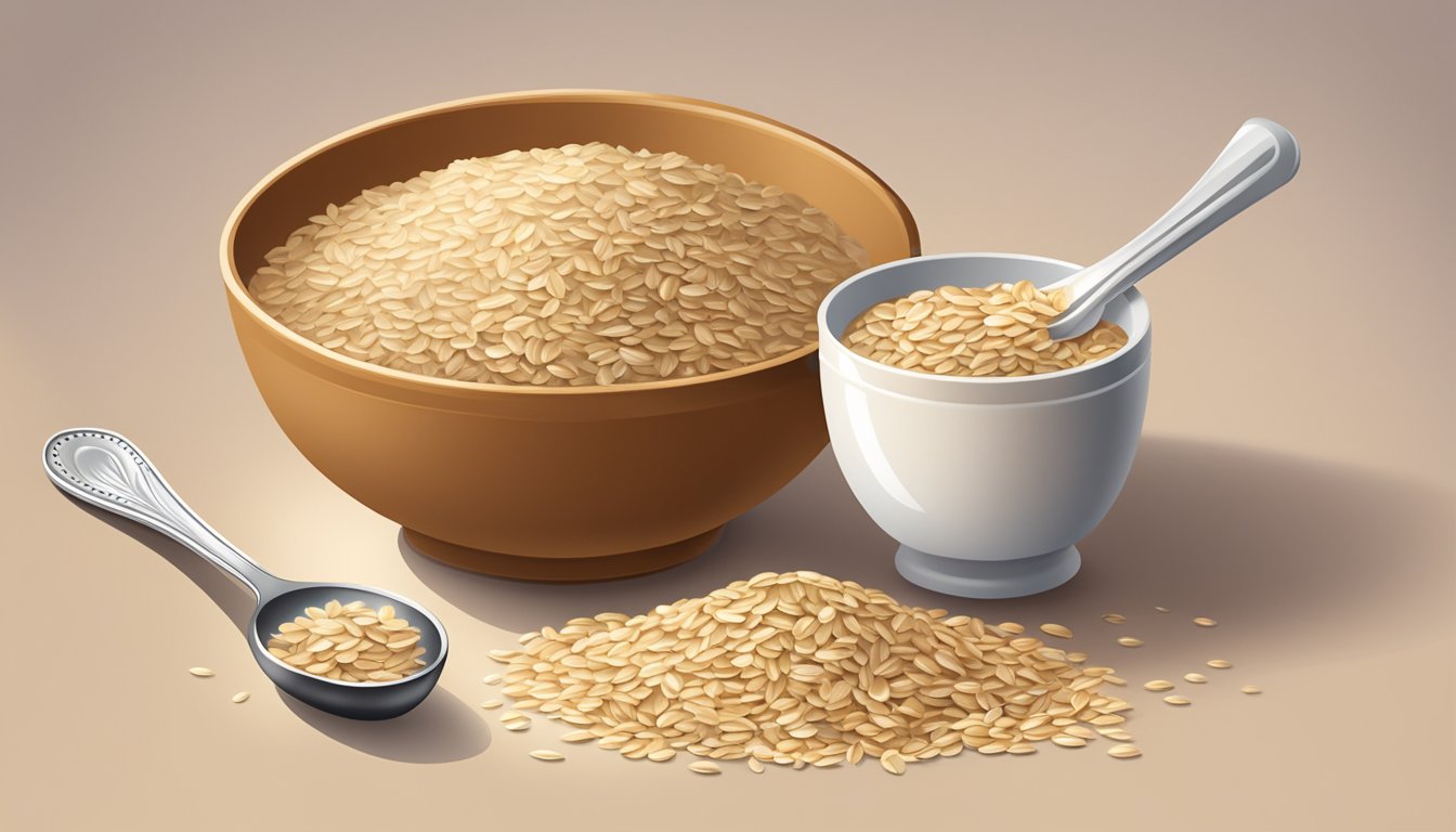 A bowl of oat bran sits on a kitchen counter, surrounded by a few loose grains and a measuring cup. A spoon rests nearby