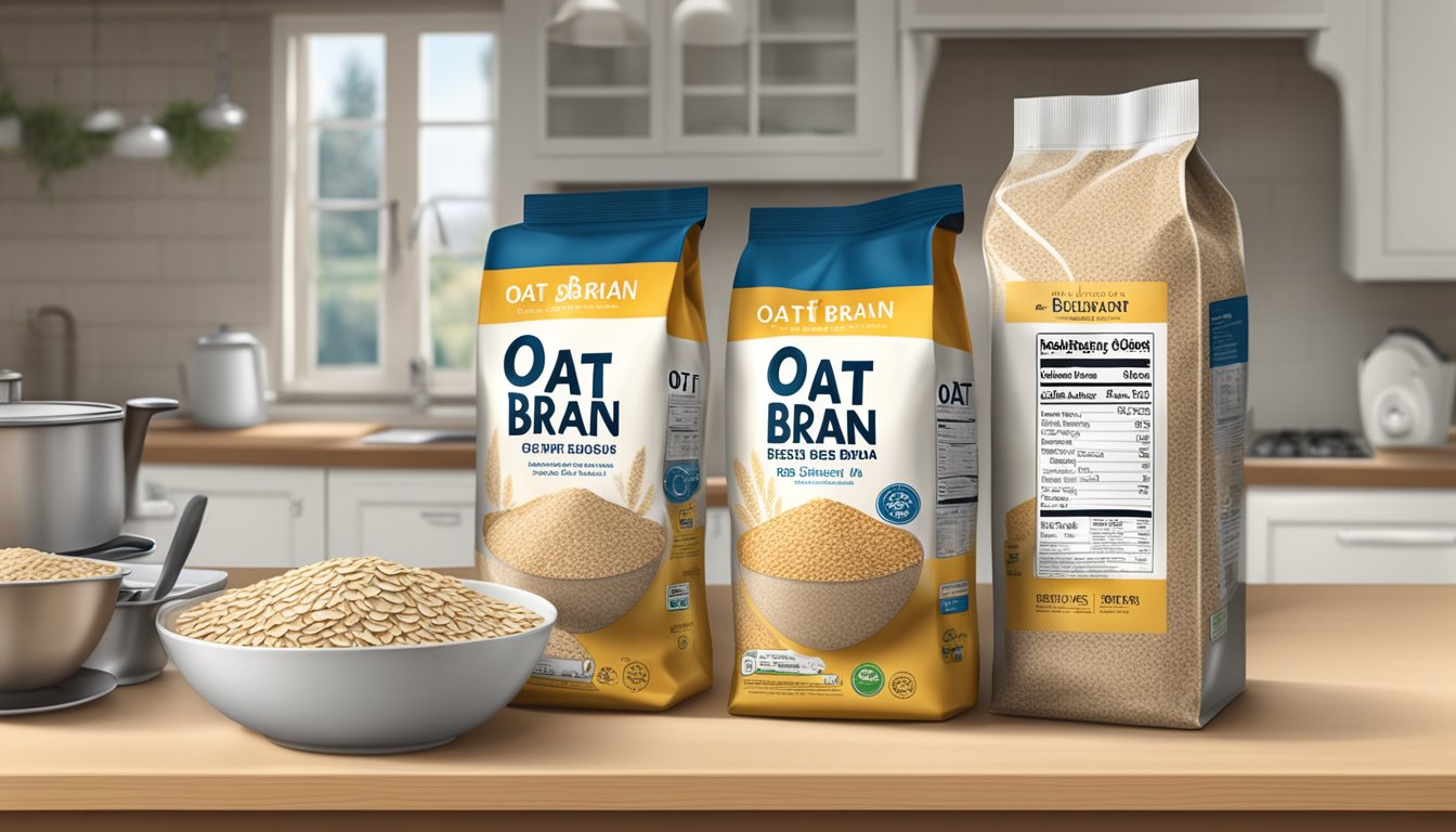 A bag of oat bran on a kitchen shelf, with a best before date label