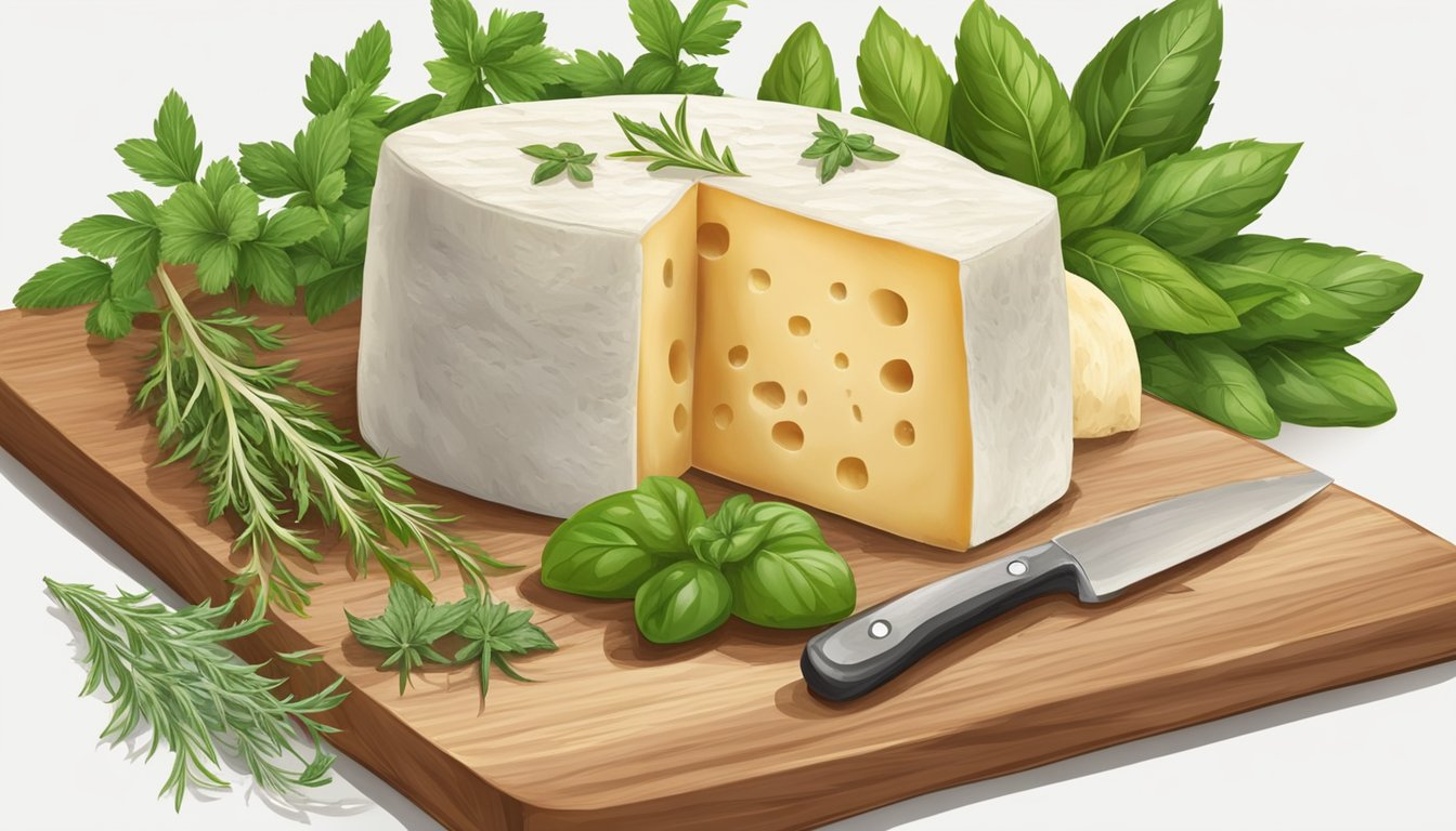 A block of Pecorino Romano cheese sits on a wooden cutting board, surrounded by a variety of fresh herbs and a small knife