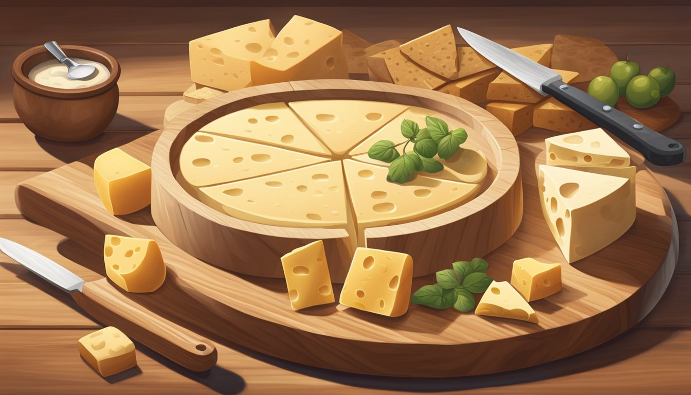 A wheel of queso panela sits on a wooden cutting board, surrounded by various other cheeses. Sunlight streams in, casting shadows on the textured surfaces