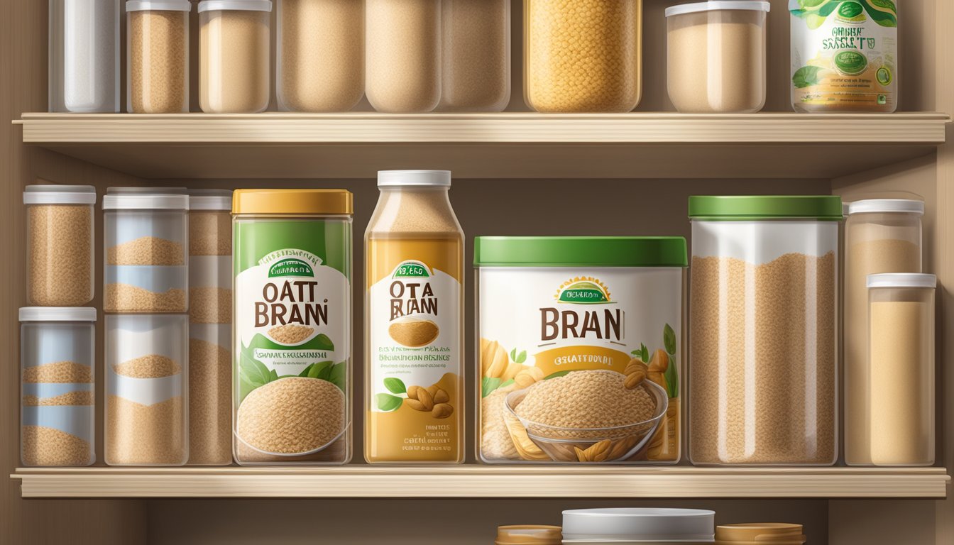 A sealed container of oat bran sits on a pantry shelf, away from direct sunlight and moisture