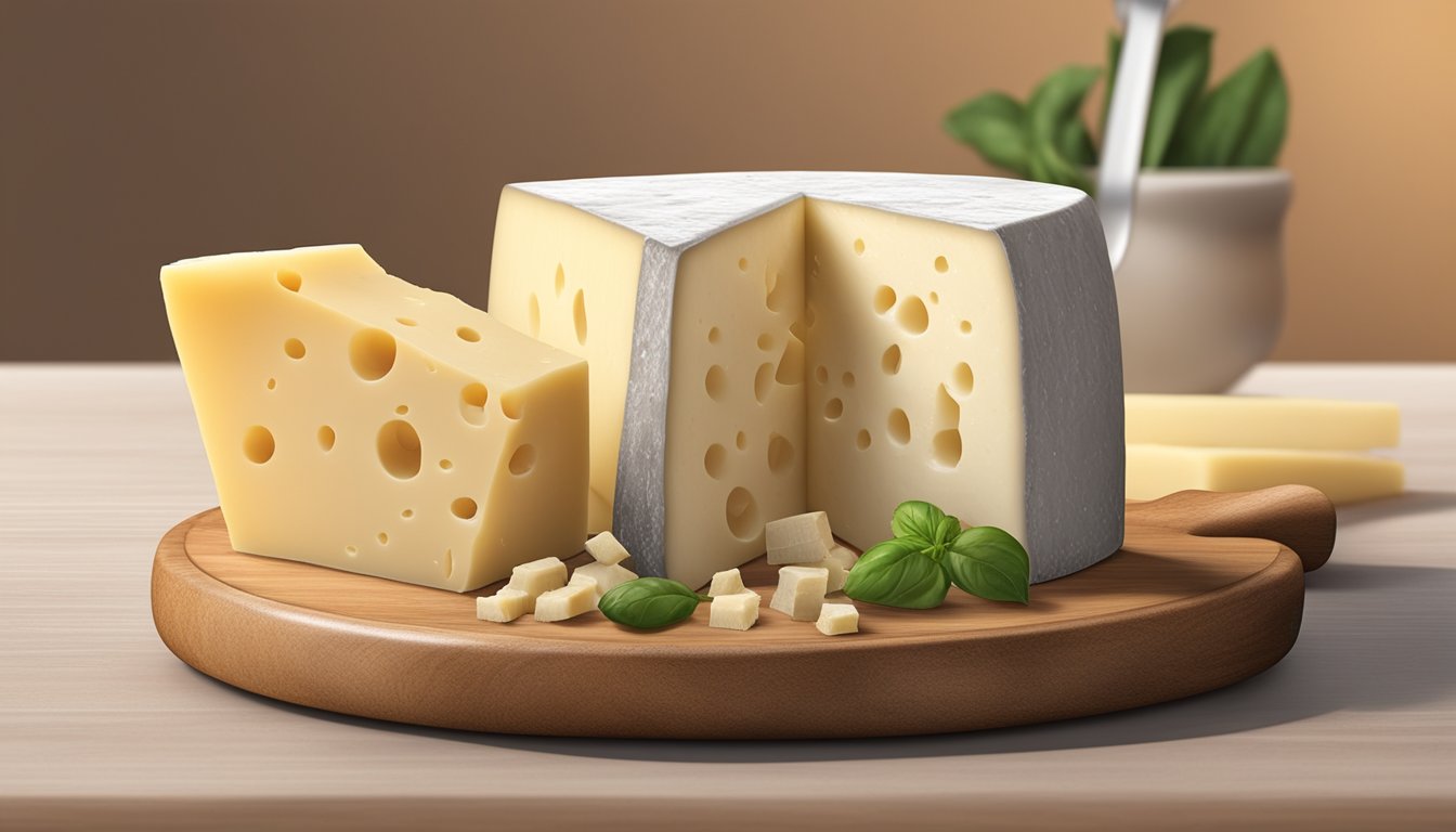 A block of pecorino romano cheese sits on a wooden cutting board, surrounded by various factors affecting its shelf life, such as temperature, moisture, and exposure to air