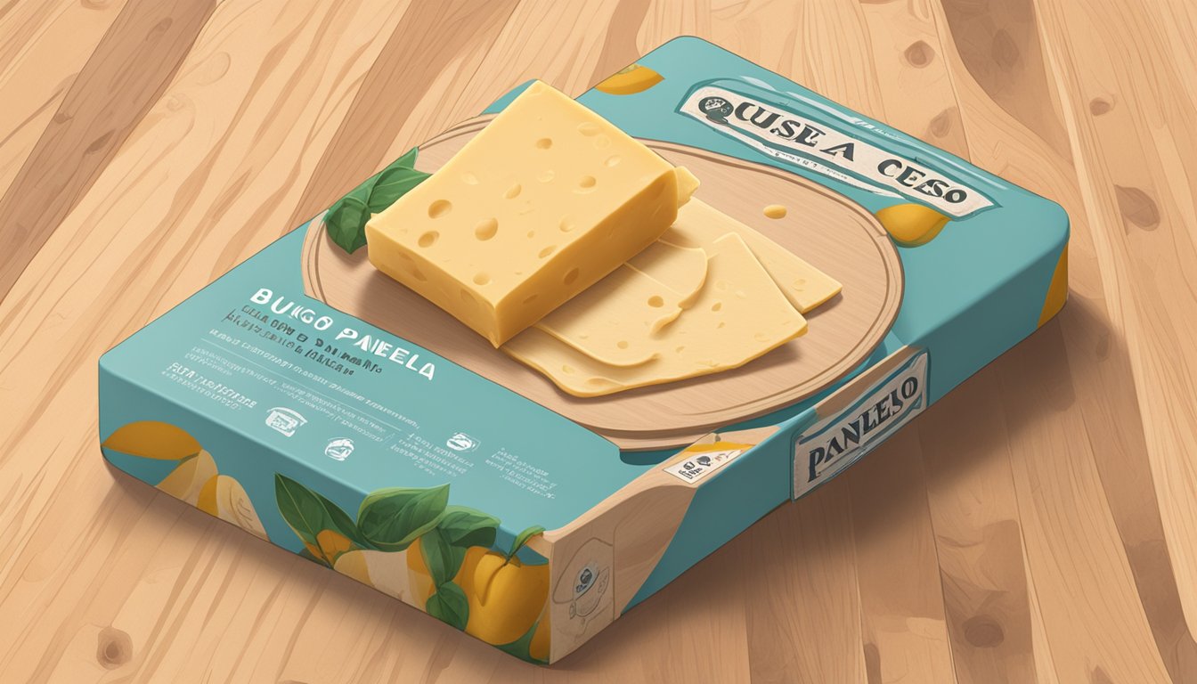 A block of queso panela sits on a wooden cutting board next to a knife. The packaging and Label Insight information is visible