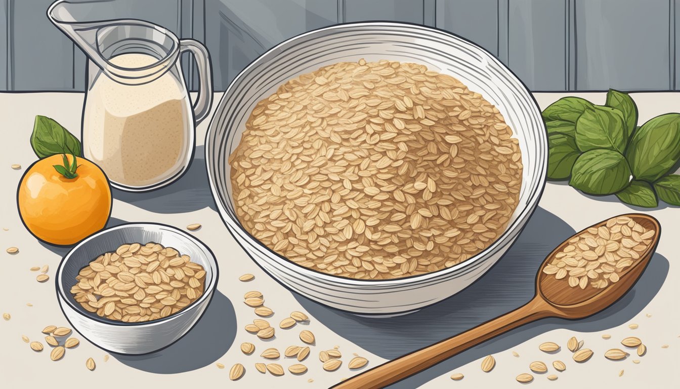 A bowl of oat bran sits on a kitchen counter, surrounded by various ingredients and utensils. The oat bran is fresh and inviting, ready to be used in a recipe