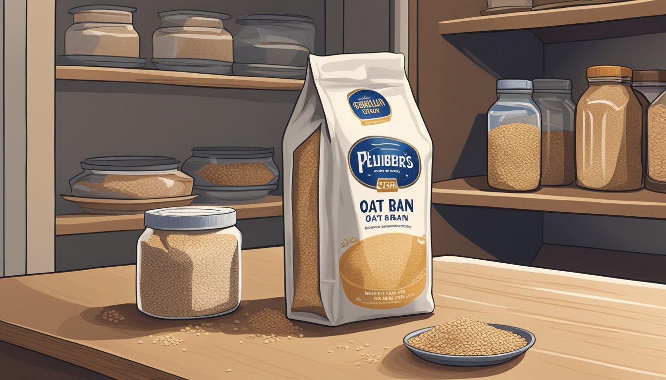 A bag of oat bran sits on a pantry shelf, surrounded by other dry goods. A small cloud of dust suggests it may have been there for some time