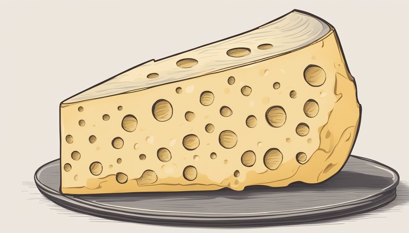 A wedge of pecorino romano cheese with visible signs of spoilage, such as mold or discoloration