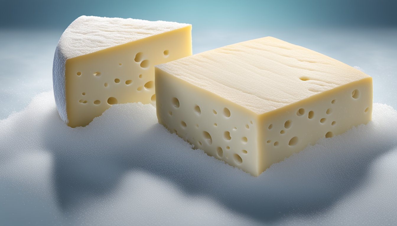 A block of Pecorino Romano cheese sits in a freezer, surrounded by frost