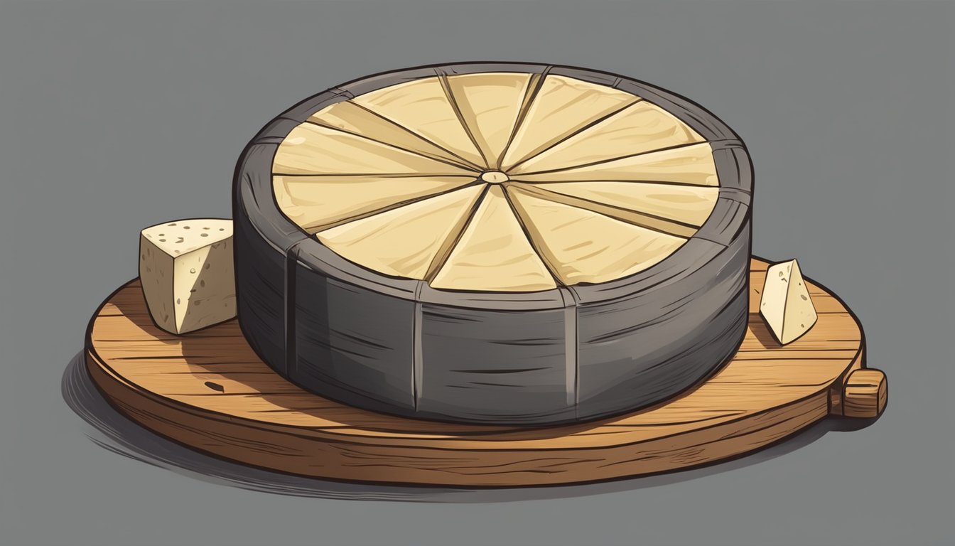 A wheel of Pecorino Romano cheese is wrapped in wax paper and stored on a wooden shelf in a cool, dark cellar