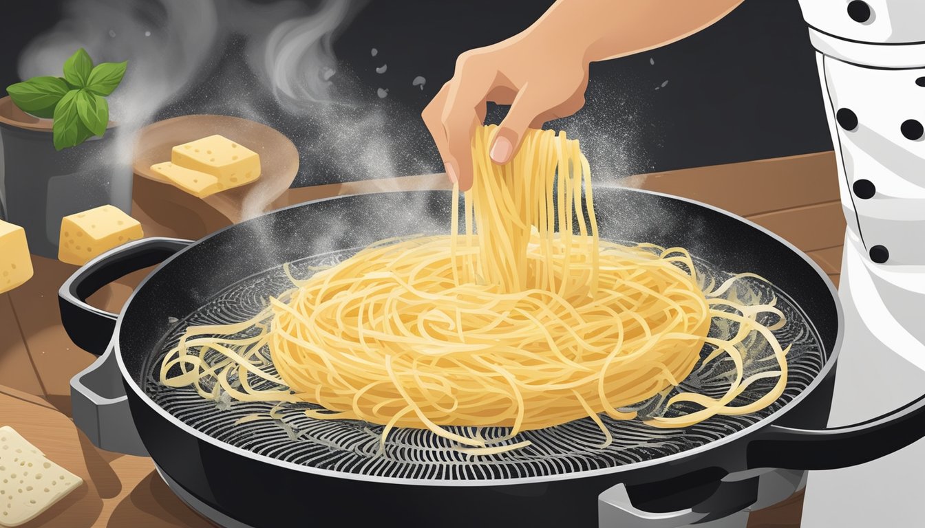 A chef grates fresh Pecorino Romano cheese over a sizzling pan of pasta, releasing its savory aroma