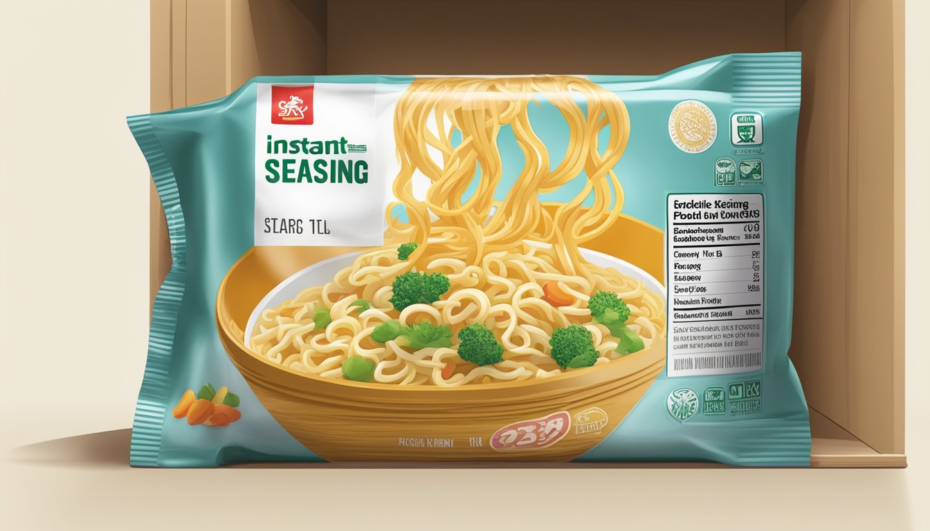 A packet of instant noodle seasoning sits on a shelf with an expiration date clearly visible. The packaging is slightly wrinkled, indicating it has been stored for some time