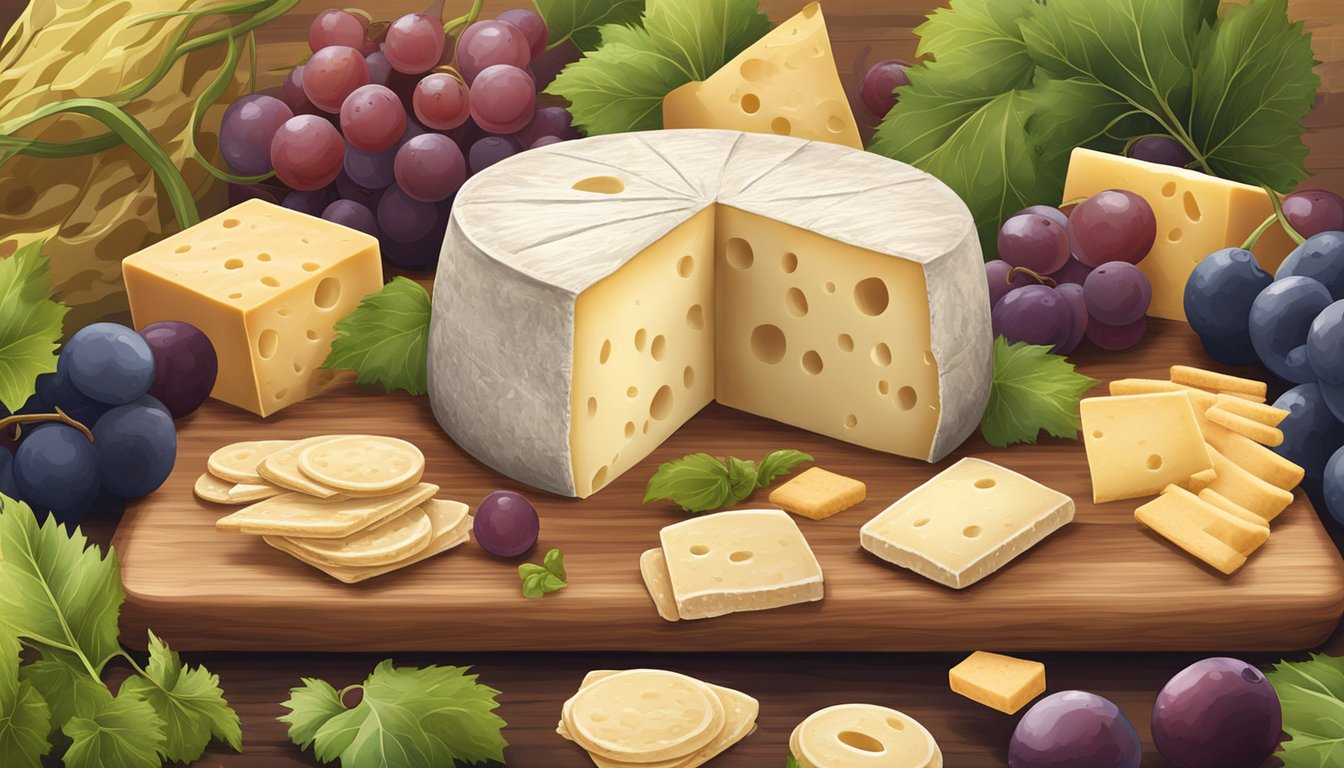 A wheel of Pecorino Romano cheese sits on a wooden cutting board, surrounded by a variety of crackers and grapes