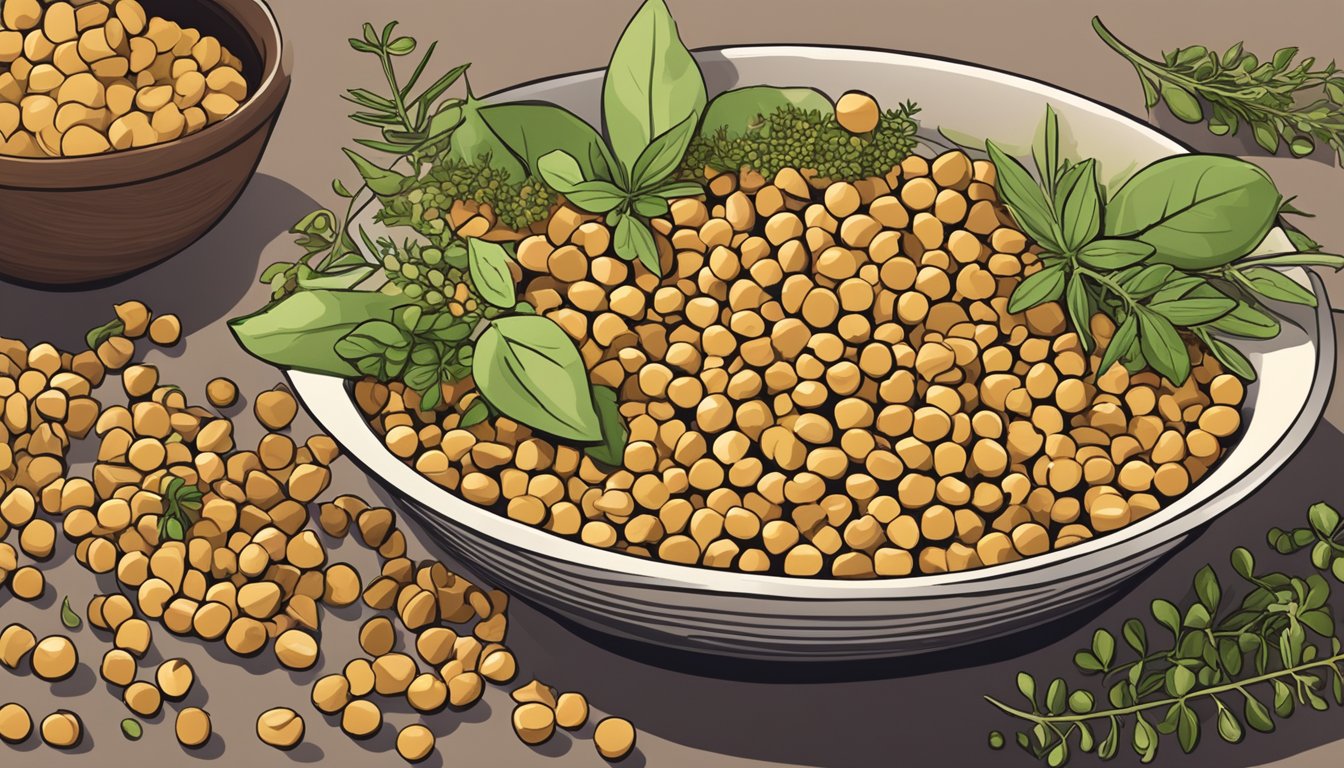 A bowl of dried chickpeas with a few starting to sprout, surrounded by various spices and herbs