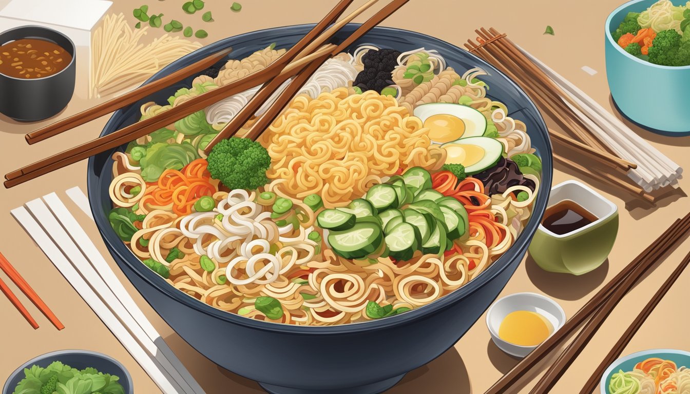 A steaming bowl of instant noodles surrounded by a variety of fresh and colorful toppings, with chopsticks resting on the side