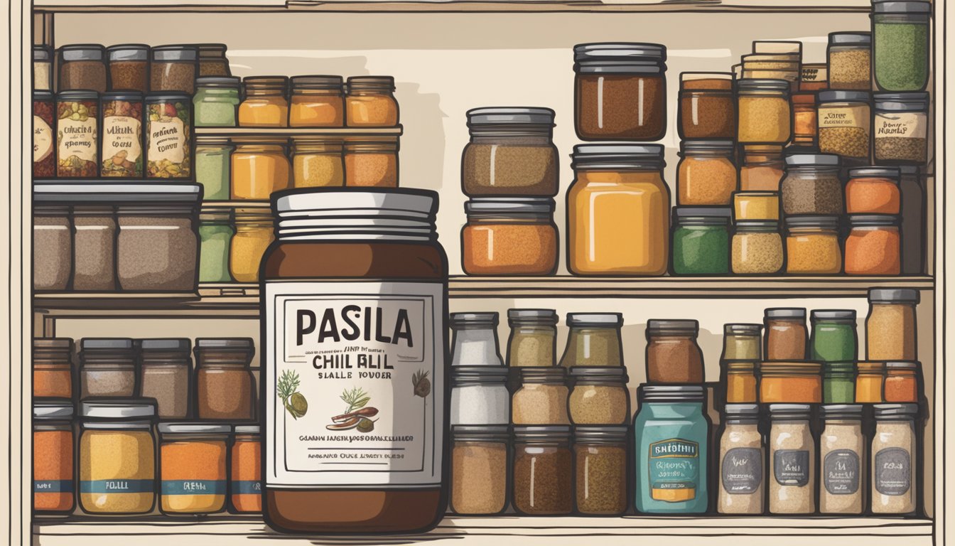 A jar of pasilla chili powder sits on a shelf, surrounded by various spices and seasonings. The label is faded, suggesting it may have been there for some time