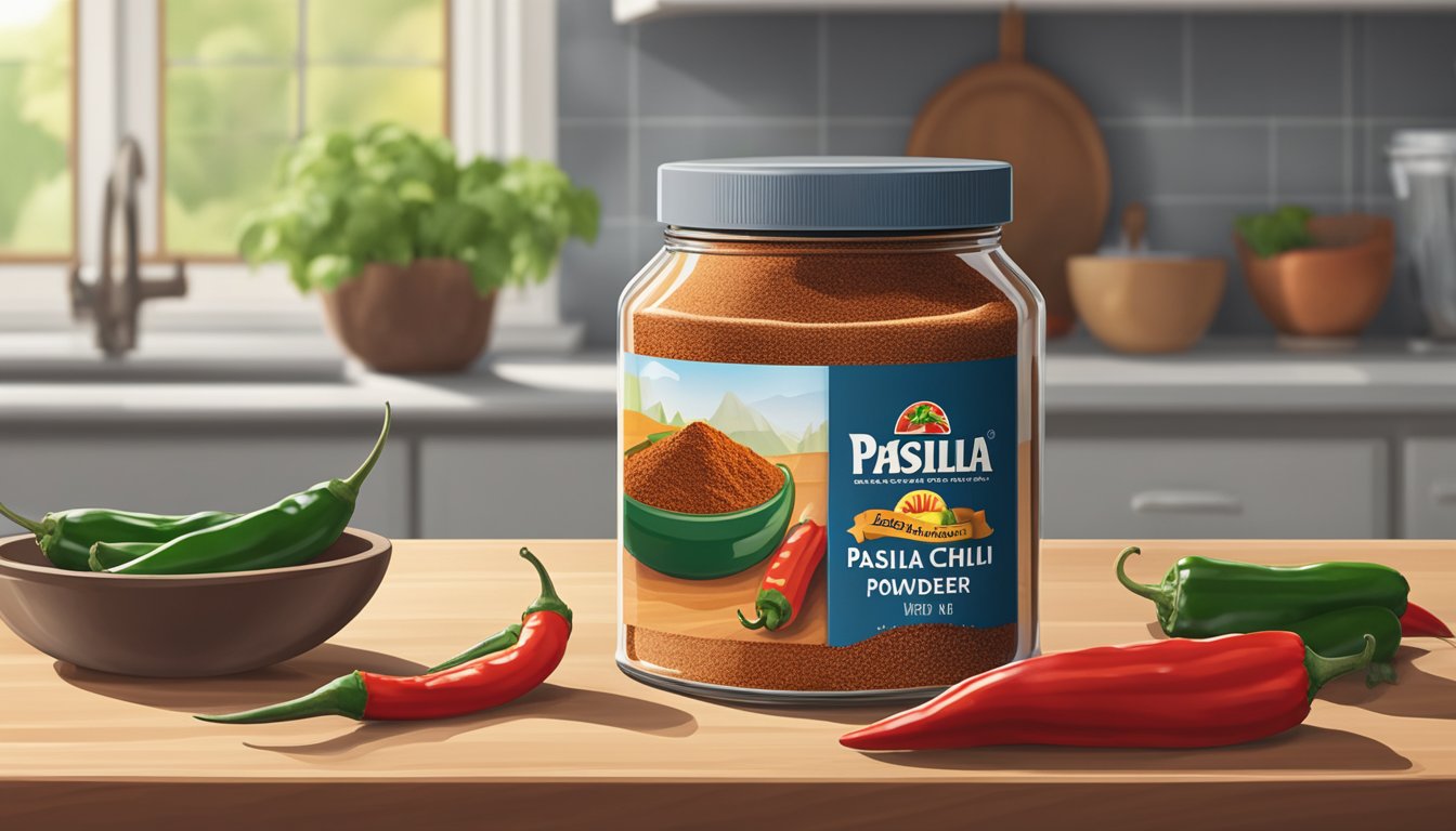 A jar of pasilla chili powder sits on a clean, well-lit kitchen counter next to a pile of fresh pasilla chilies. The powder is rich in color and free of any signs of spoilage