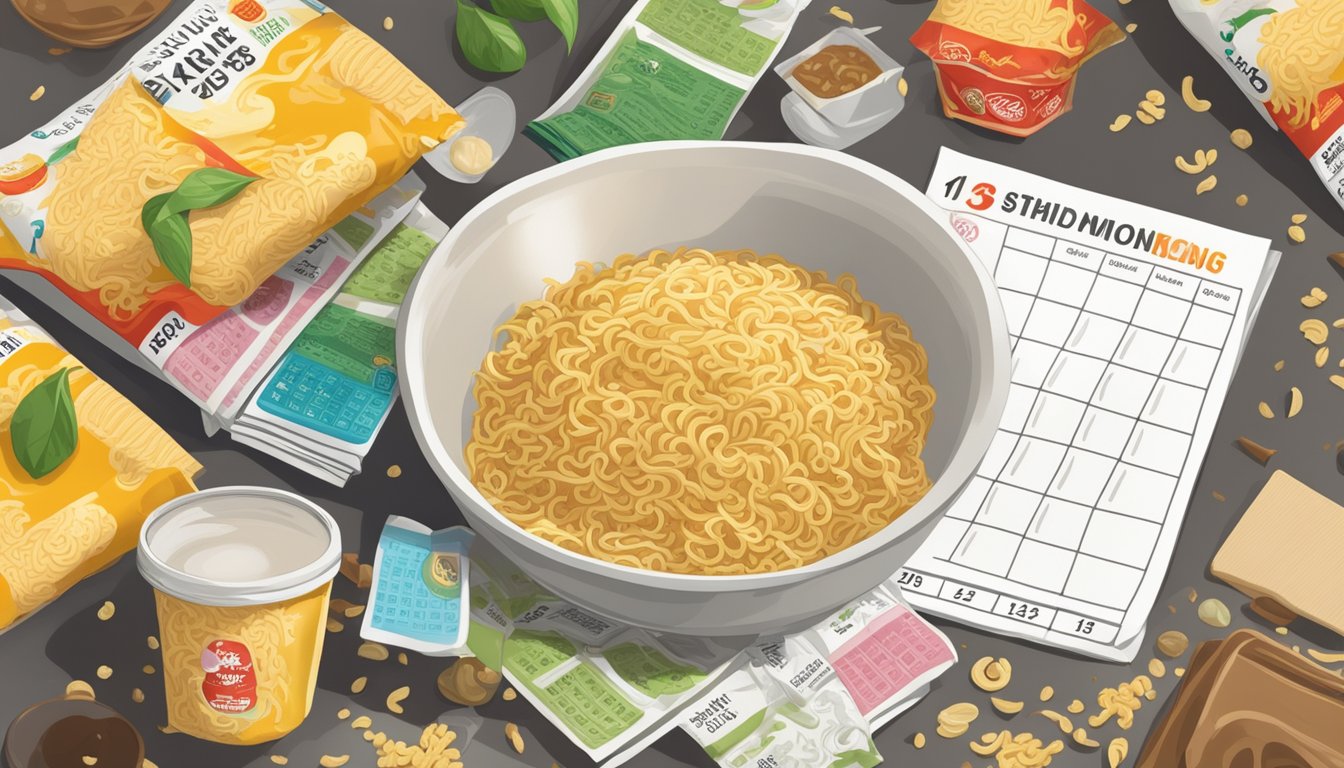 A packet of instant noodles sits on a kitchen counter, surrounded by scattered seasoning packets and a calendar showing an expiration date