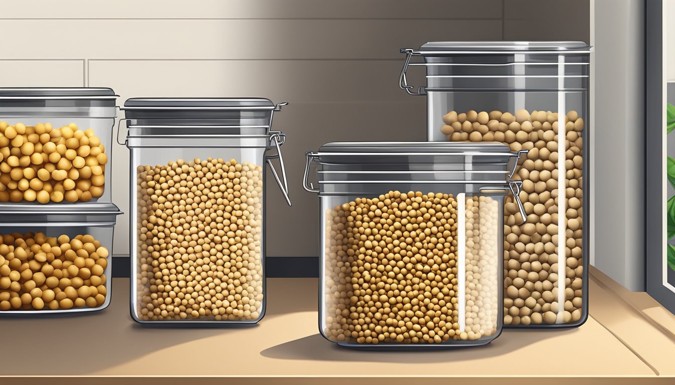 Airtight container with dried chickpeas on a pantry shelf