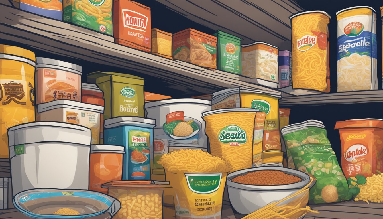 A packet of instant noodle seasoning sits on a shelf, surrounded by various expired food items. Dust covers the packaging, indicating its neglect