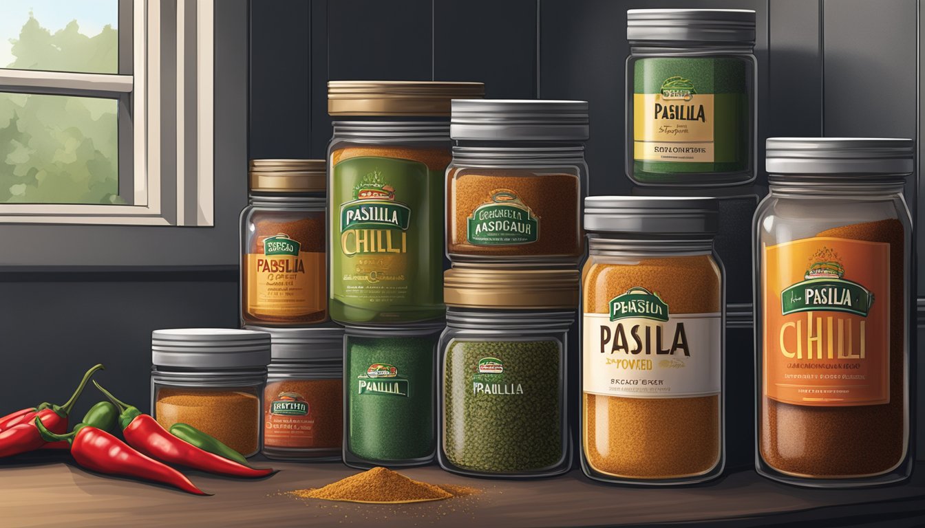 A sealed container of pasilla chili powder stored in a cool, dark pantry, away from heat and moisture