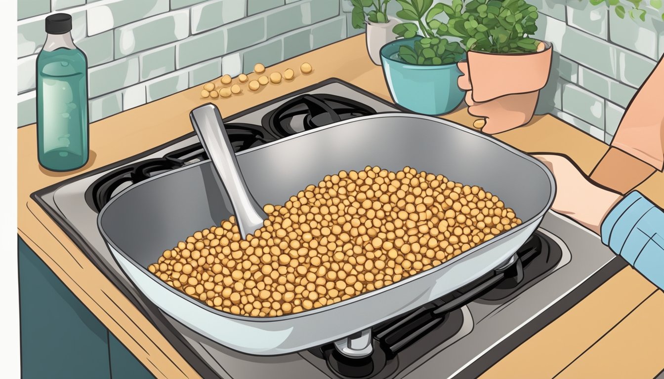 A person rinses and soaks dried chickpeas before boiling them in a pot of water on a stovetop