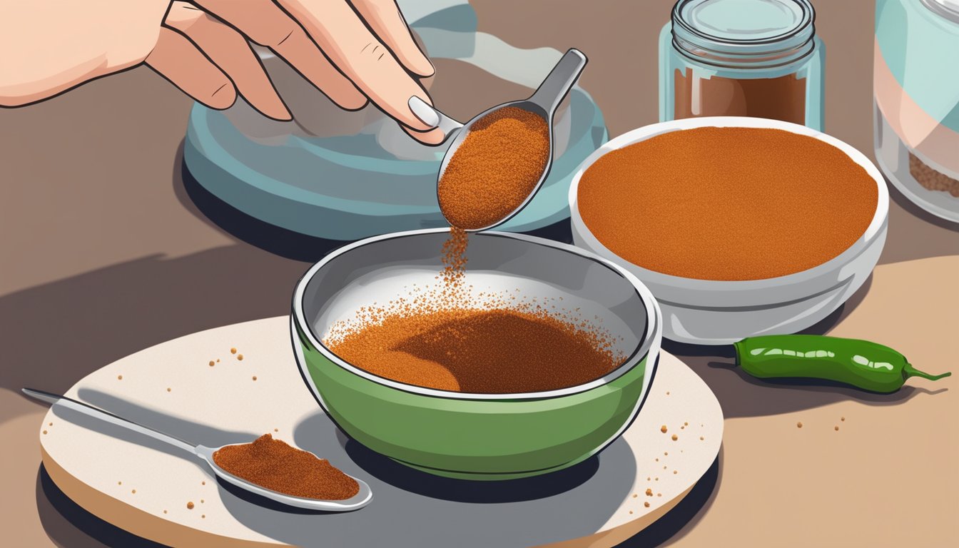 A hand sprinkles pasilla chili powder onto a spoon for testing. Nearby, a jar of chili powder sits on a counter