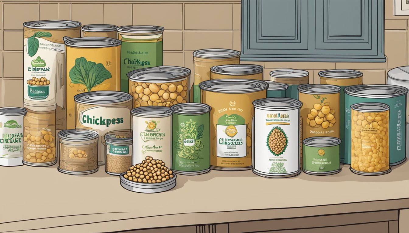 A can of chickpeas sits on a kitchen counter, surrounded by other pantry items. The expiration date is visible on the label