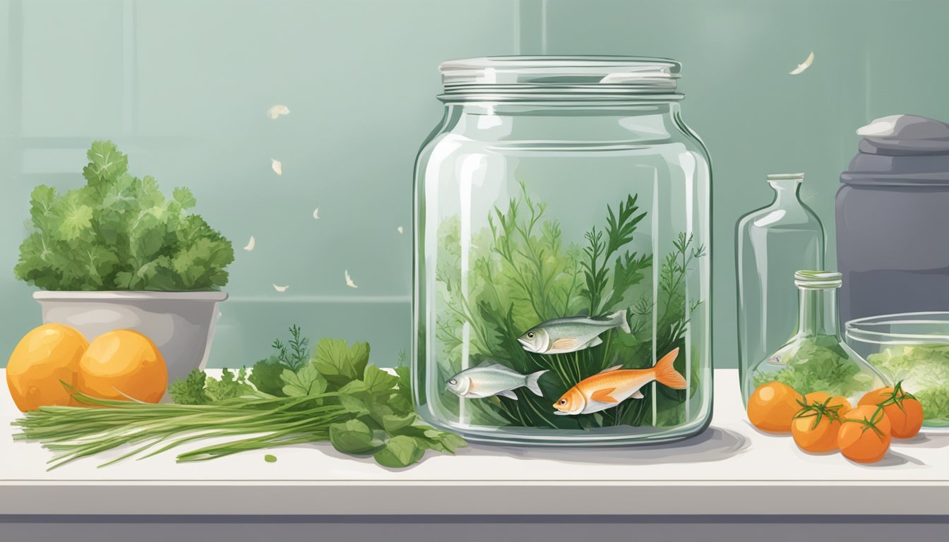 A clear glass jar of fish stock sits on a white counter, surrounded by fresh herbs and vegetables. A faint aroma of seafood lingers in the air