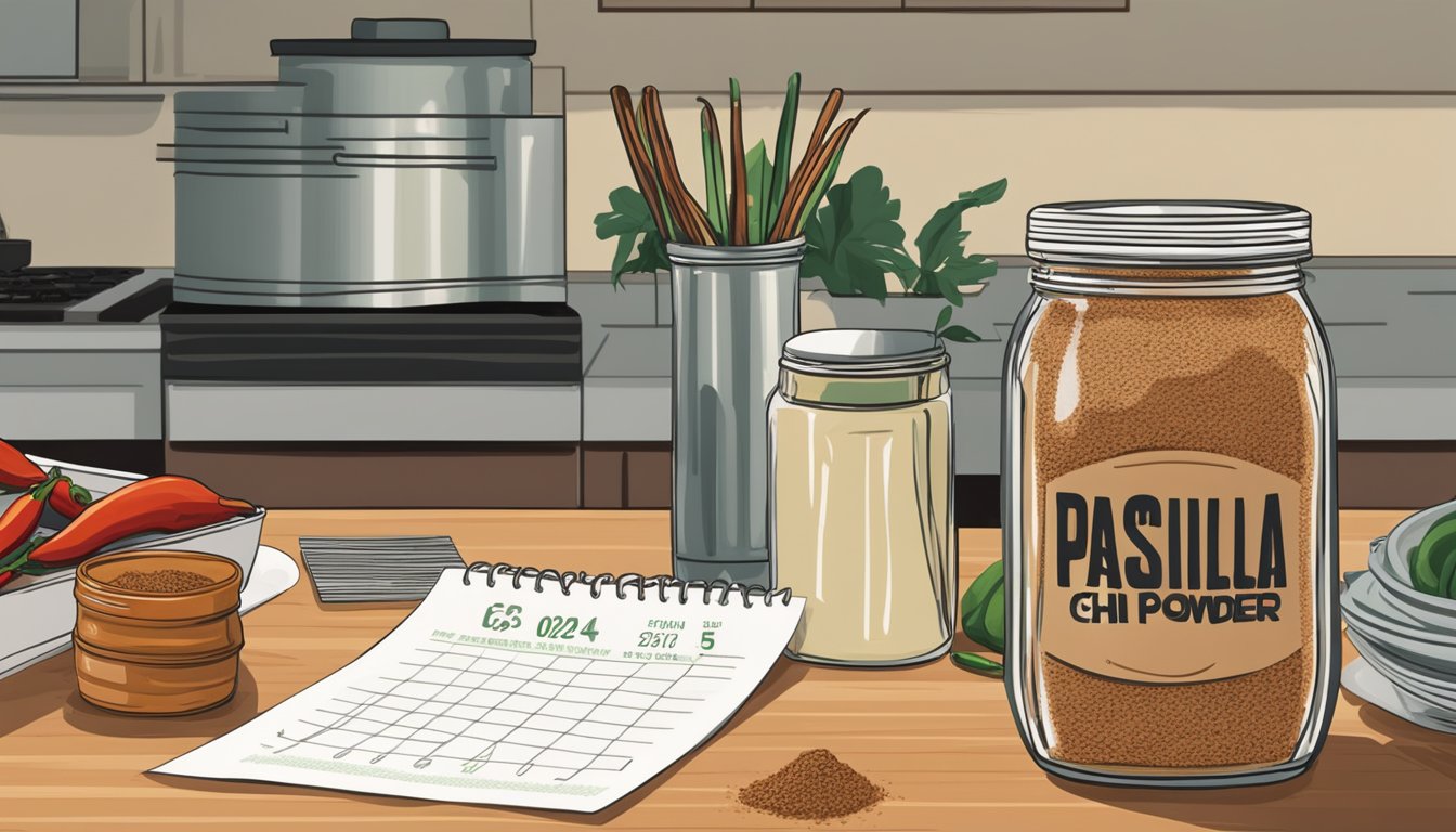 A jar of pasilla chili powder sits on a kitchen counter next to a calendar. The powder is still and undisturbed, with no signs of spoilage