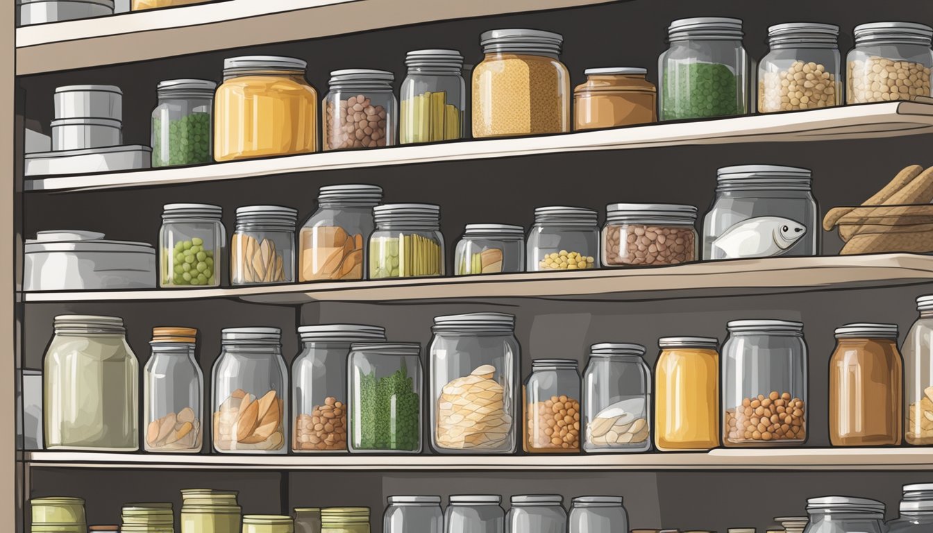 A clear glass jar of fish stock sits on a shelf next to neatly organized cans and jars of other food items in a pantry