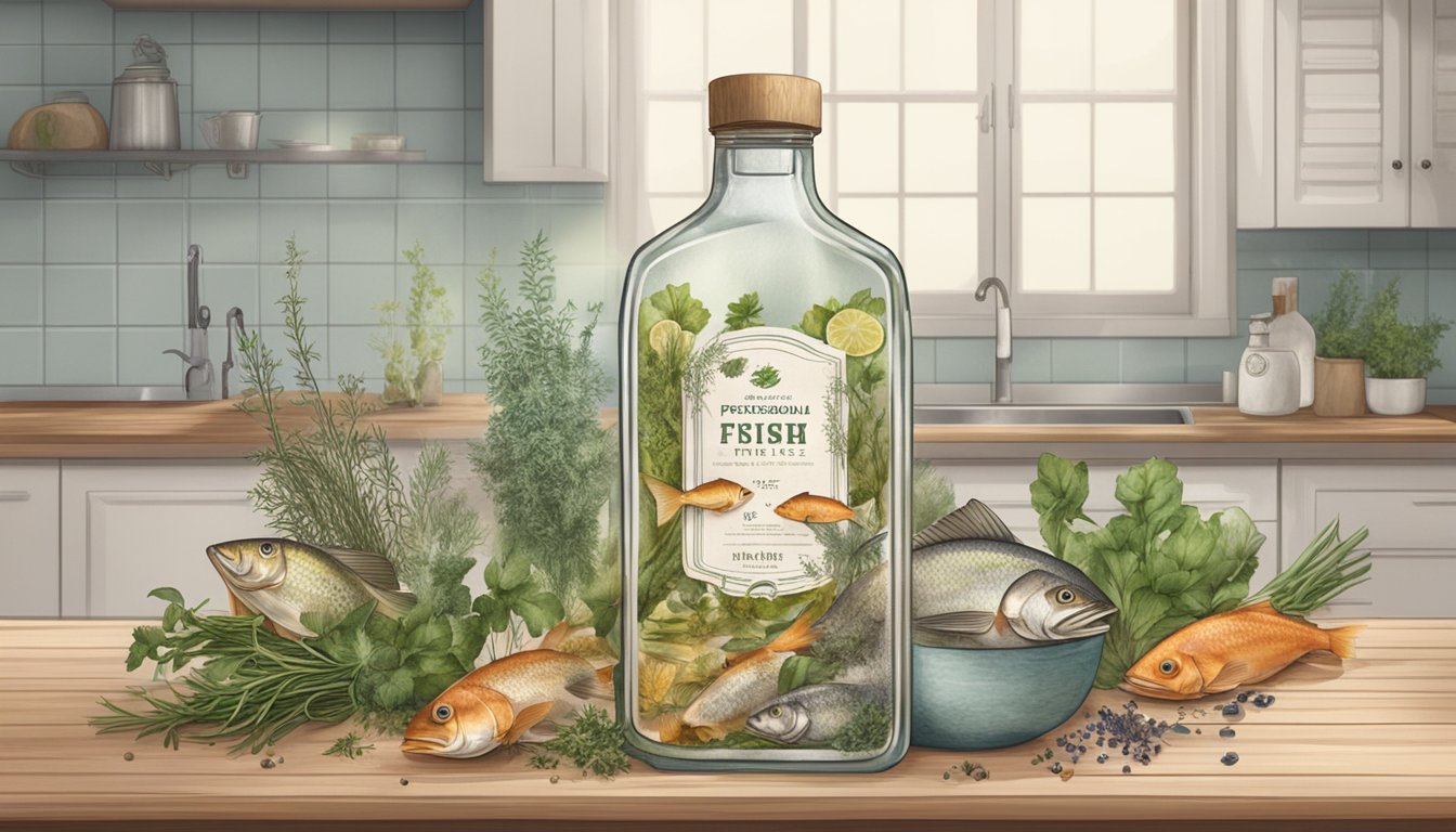 A bottle of fish stock sits on a kitchen counter, surrounded by a variety of fresh and dried herbs. The label on the bottle is faded, hinting at its age