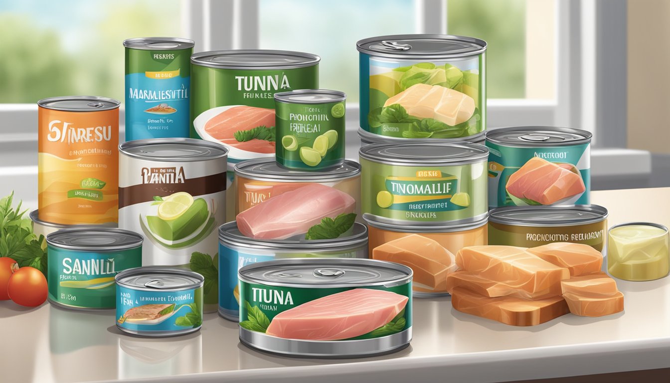 A variety of tuna products, including canned, fresh, and frozen, displayed on a kitchen counter