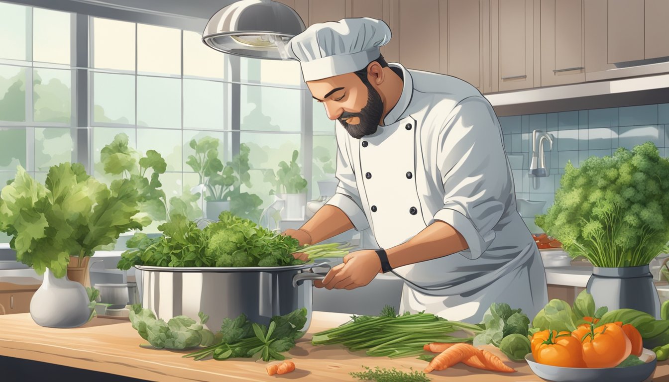 A chef pouring fish stock into a pot, surrounded by fresh herbs and vegetables on a clean kitchen counter