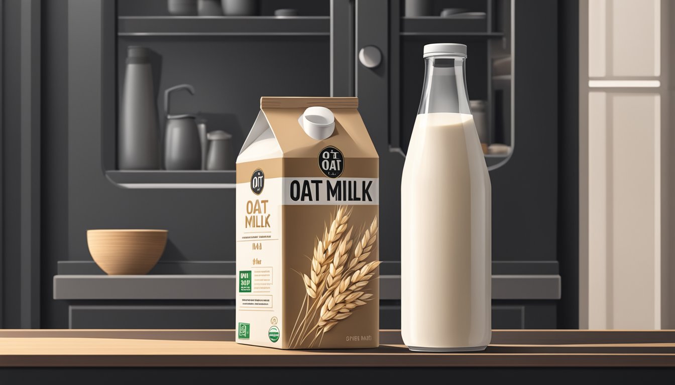 A sealed carton of oat milk sits upright in a cool, dark pantry, away from direct sunlight and heat sources