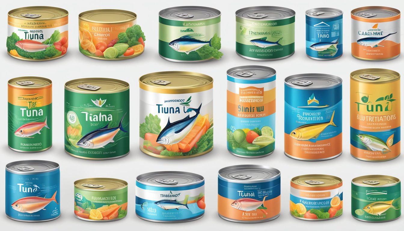 A can of tuna surrounded by a variety of quality indicators such as a freshness date, certification logos, and nutritional information