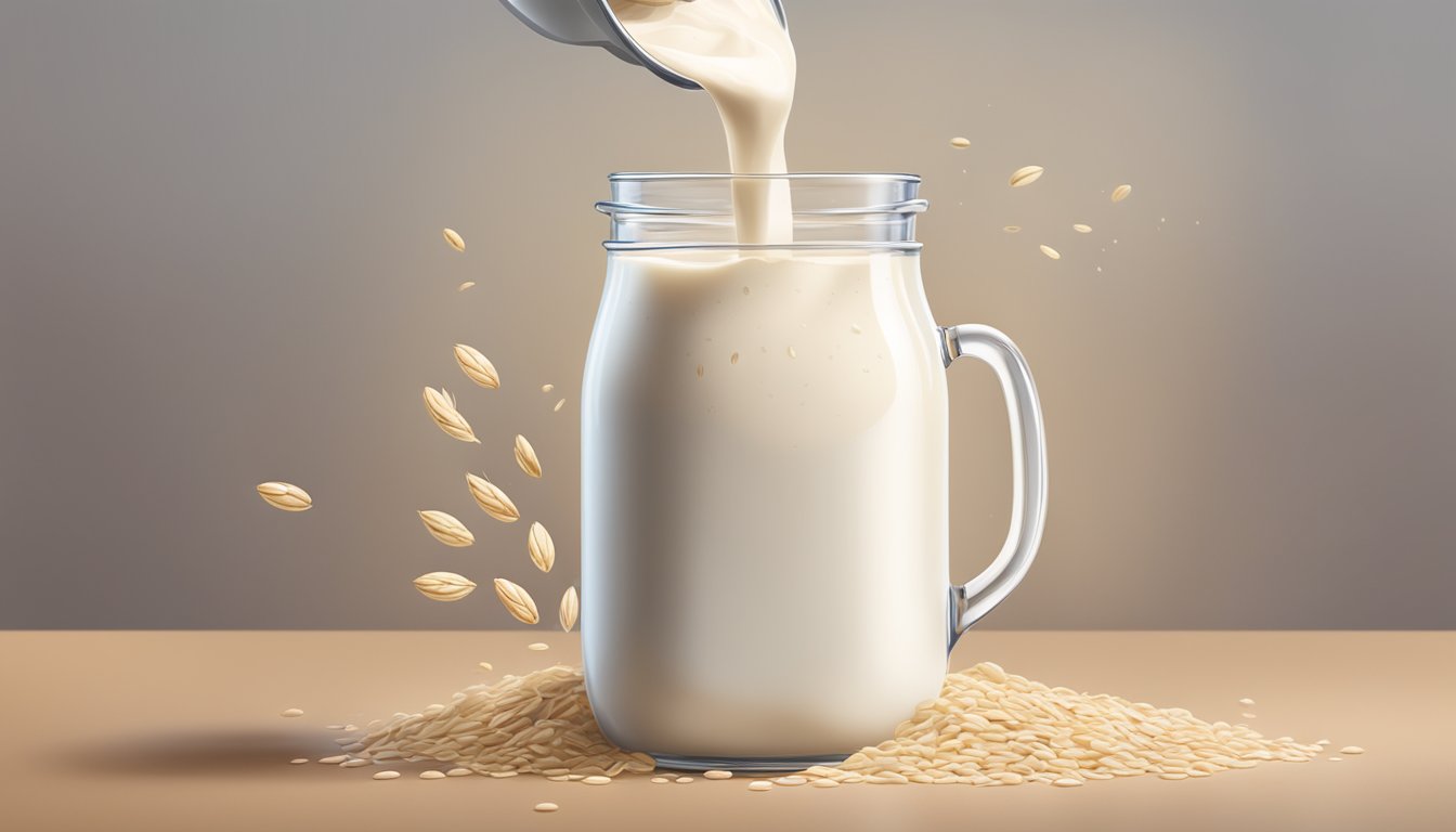 A carton of oat milk with curdled and chunky liquid pouring out