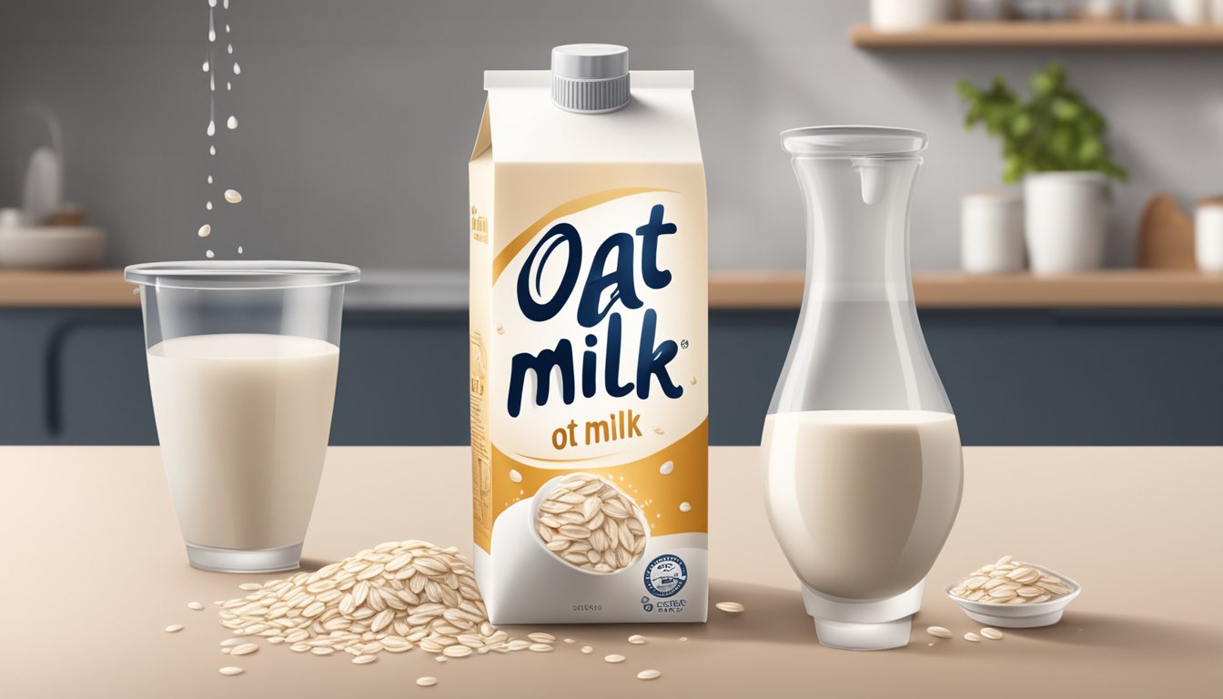 A carton of oat milk sits on a kitchen counter, with a few droplets of liquid spilling out from the cap. The expiration date is clearly visible on the packaging