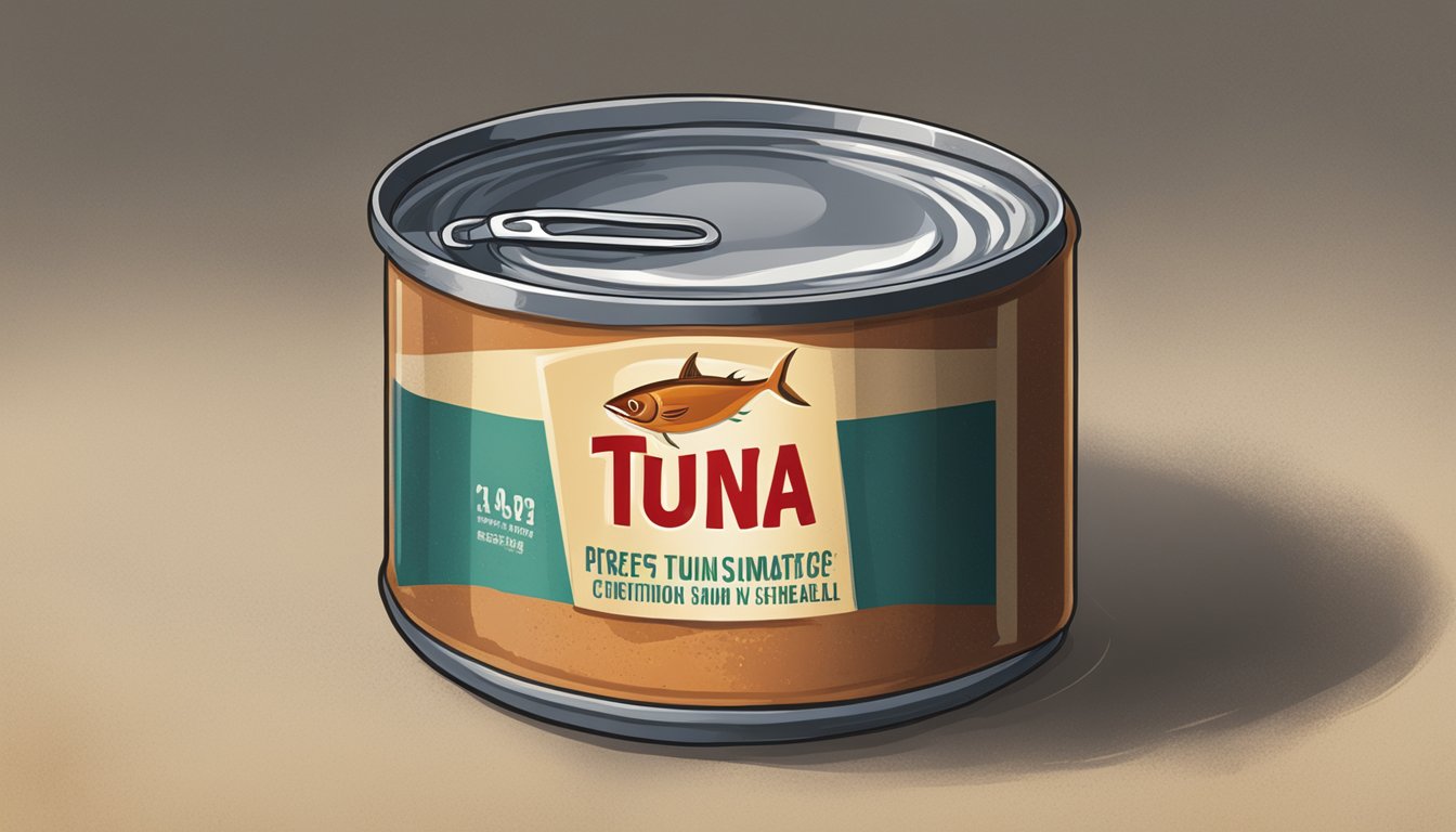 A can of tuna with a visibly dented and rusted lid sits on a dusty shelf in a dimly lit pantry