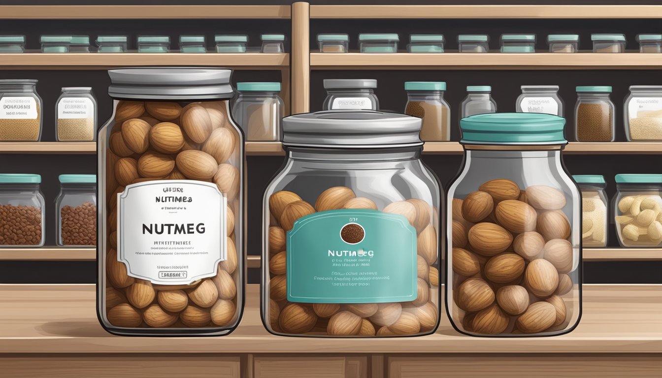 A jar of nutmeg sits on a clean, organized shelf in a pantry. The label is facing forward, and the lid is tightly sealed