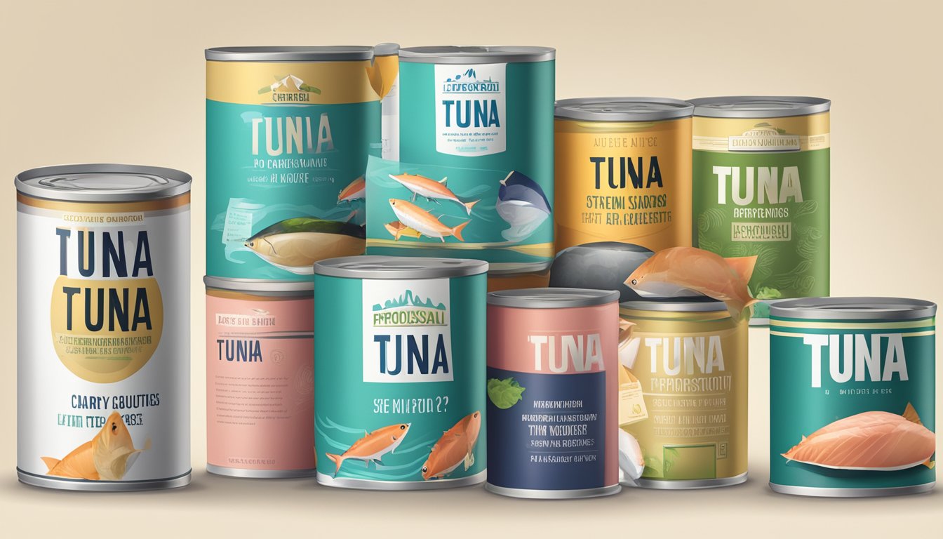 A can of tuna surrounded by various expiration date labels and a question mark