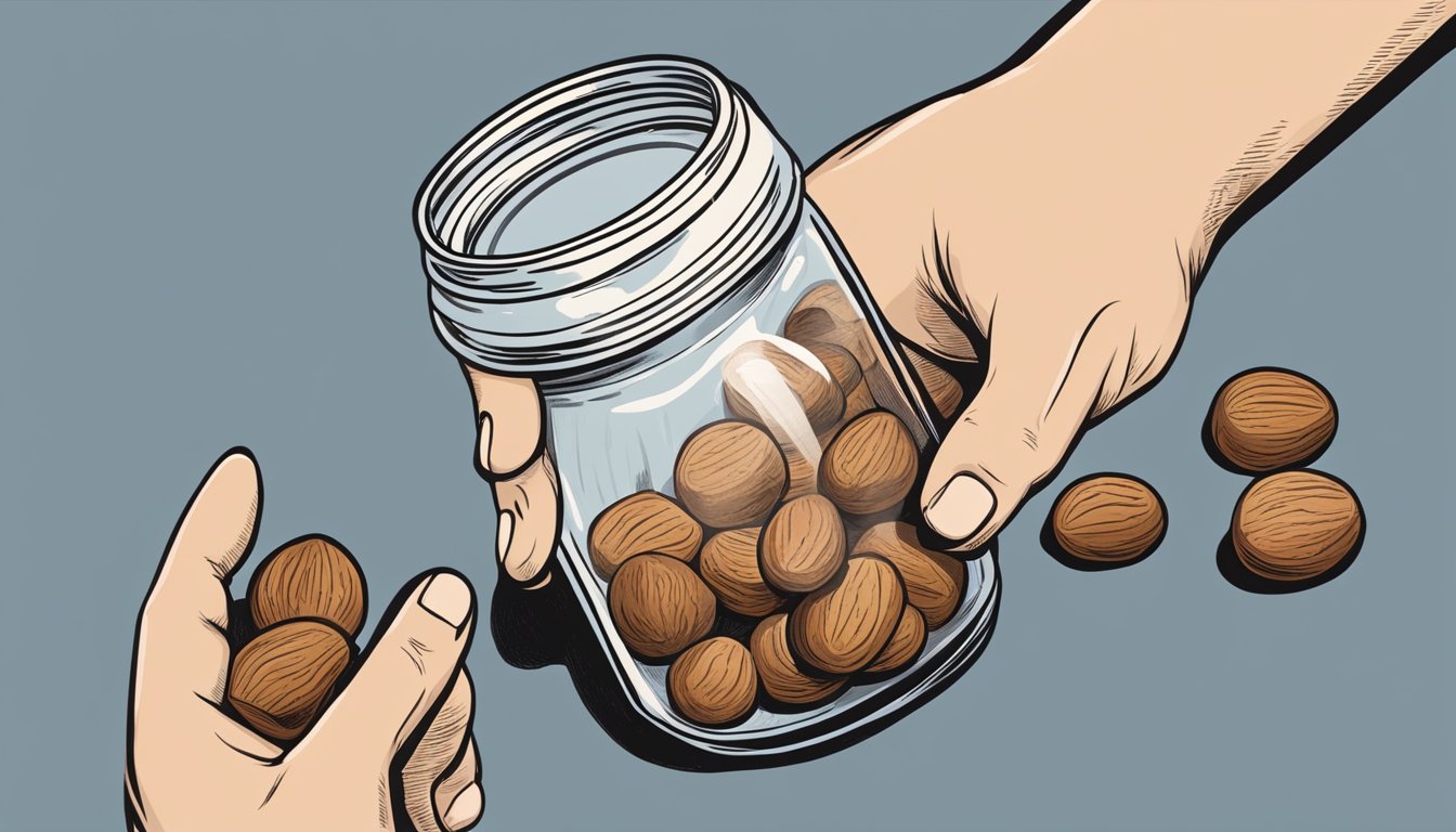 A hand holding a jar of nutmeg labeled "Expired" with a question mark above it