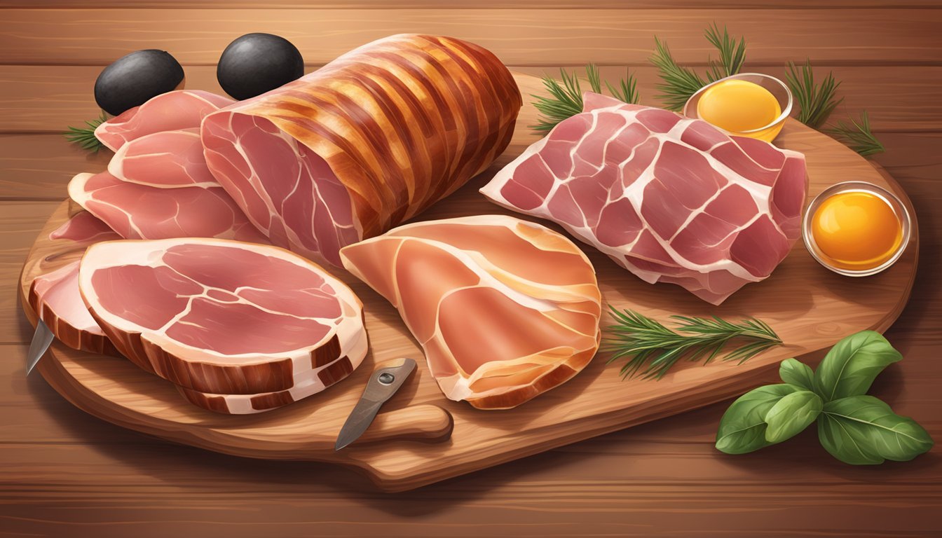 A variety of hams displayed on a wooden cutting board with different textures and colors, including prosciutto, honey glazed, and smoked