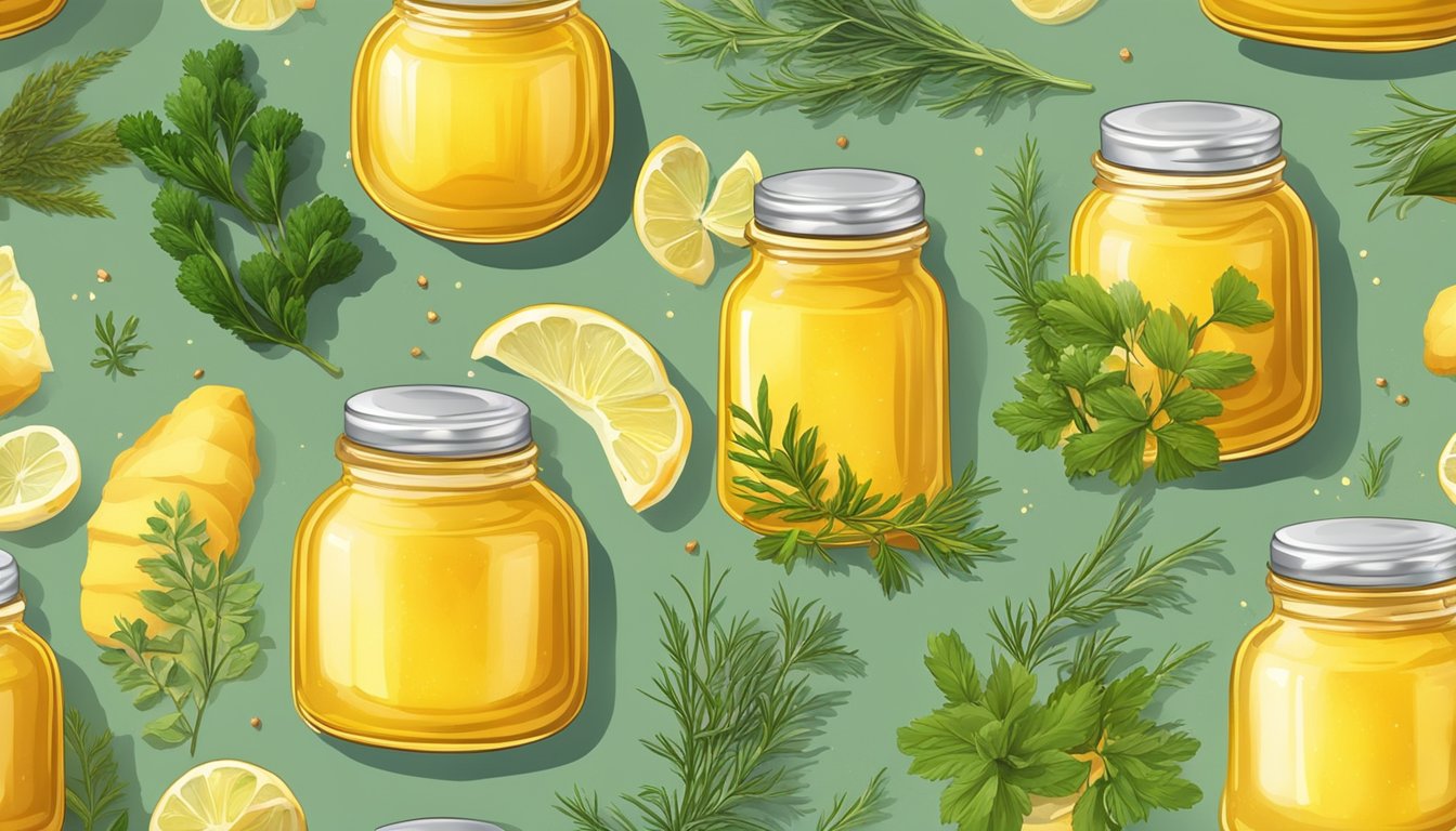 A jar of clarified butter surrounded by fresh herbs and spices, with a warm golden glow emanating from it