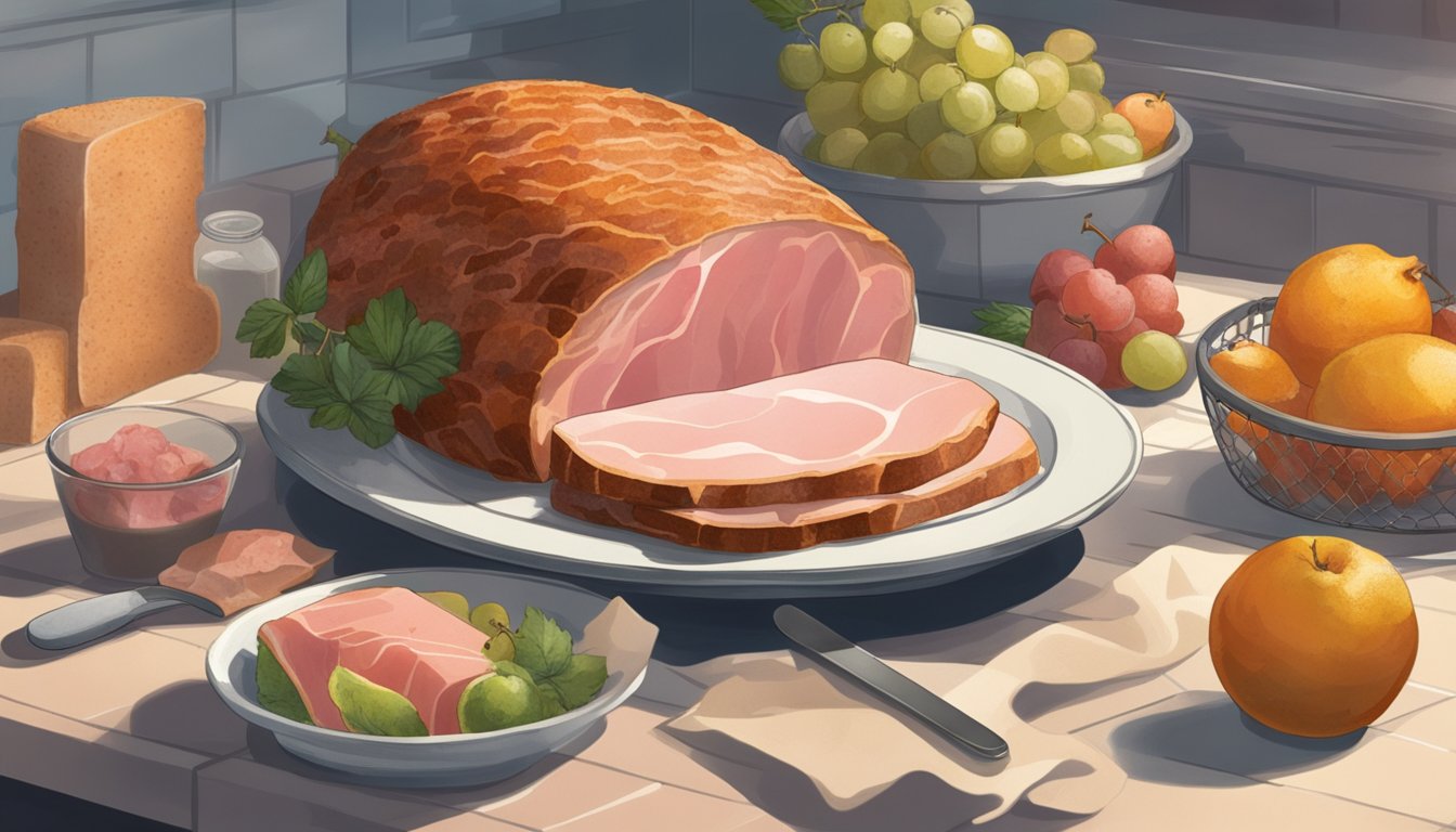 A slice of ham sits on a countertop, surrounded by moldy bread and spoiled fruit. The ham appears discolored and emits a foul odor