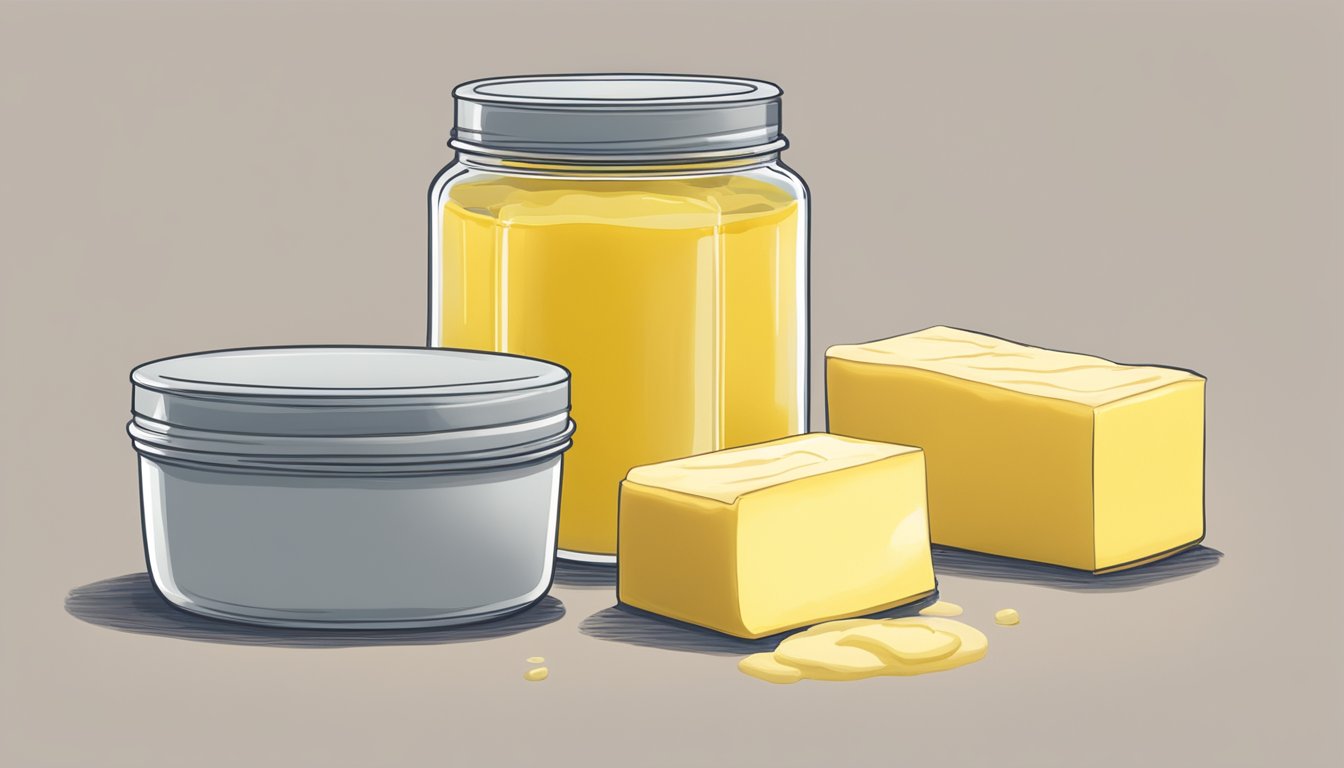 A jar of regular butter sits next to a jar of clarified butter. Both are open, with the regular butter showing signs of spoilage while the clarified butter remains clear and fresh