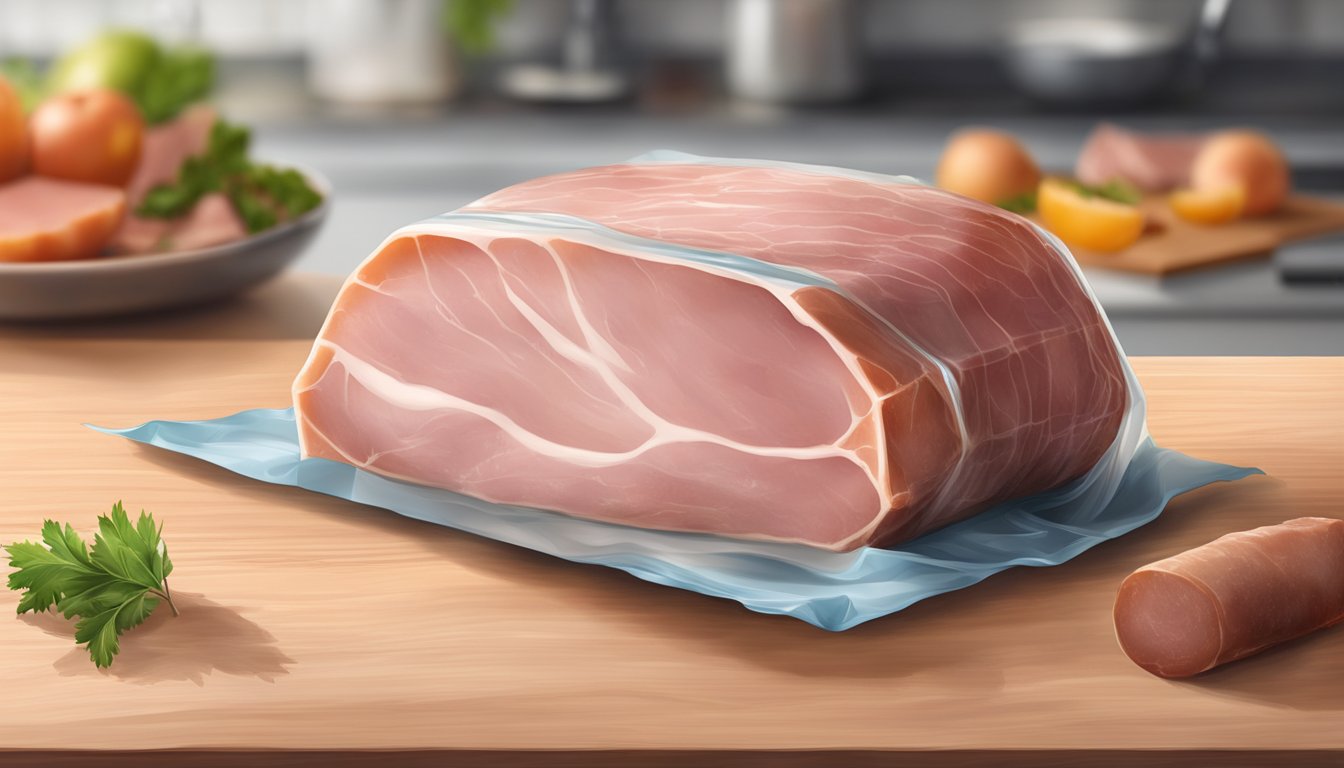 A package of ham sits on a kitchen counter, leaking juices onto the surface. The packaging is torn and the meat appears discolored and spoiled