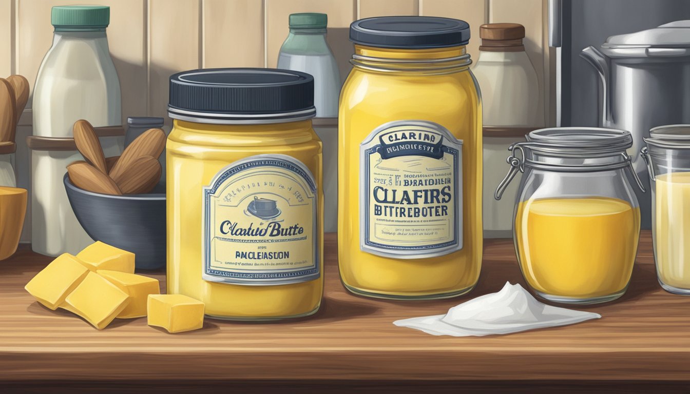 A jar of clarified butter sits on a kitchen shelf, surrounded by other cooking ingredients. The label indicates the expiration date, but the butter remains untouched