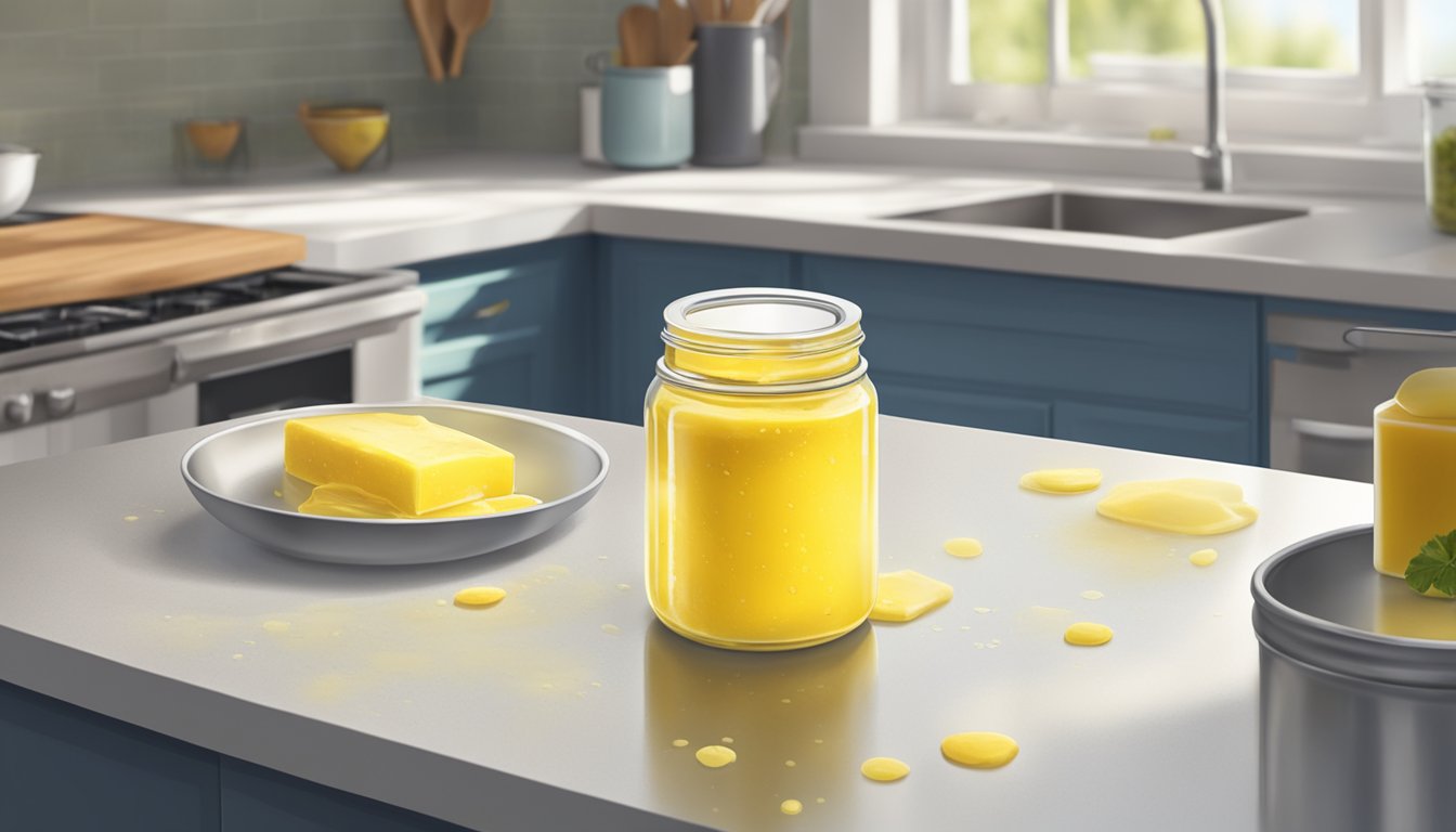 A jar of clarified butter sits on a kitchen counter, with a sour smell emanating from it and small spots of mold starting to form on the surface