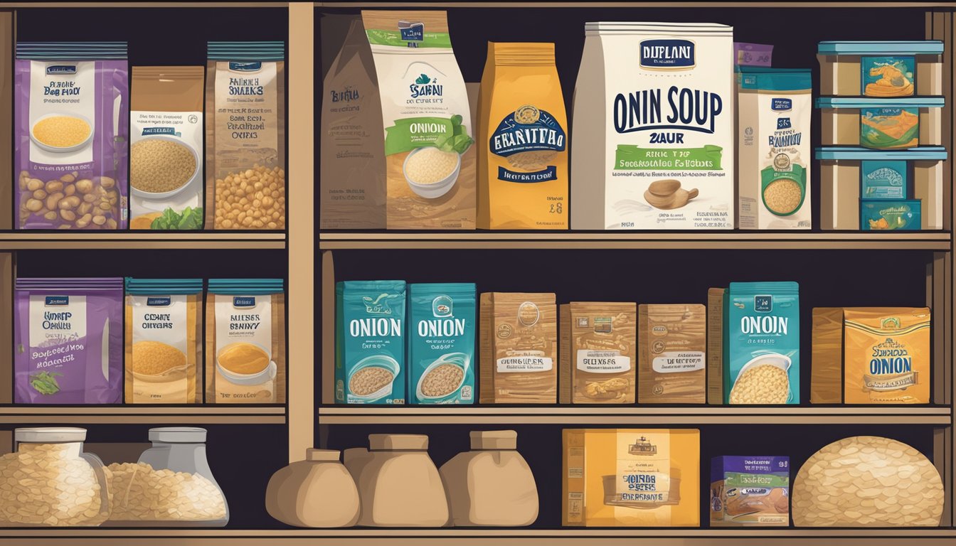 A packet of onion soup mix sits on a pantry shelf, surrounded by other dry goods. The expiration date is clearly printed on the packaging