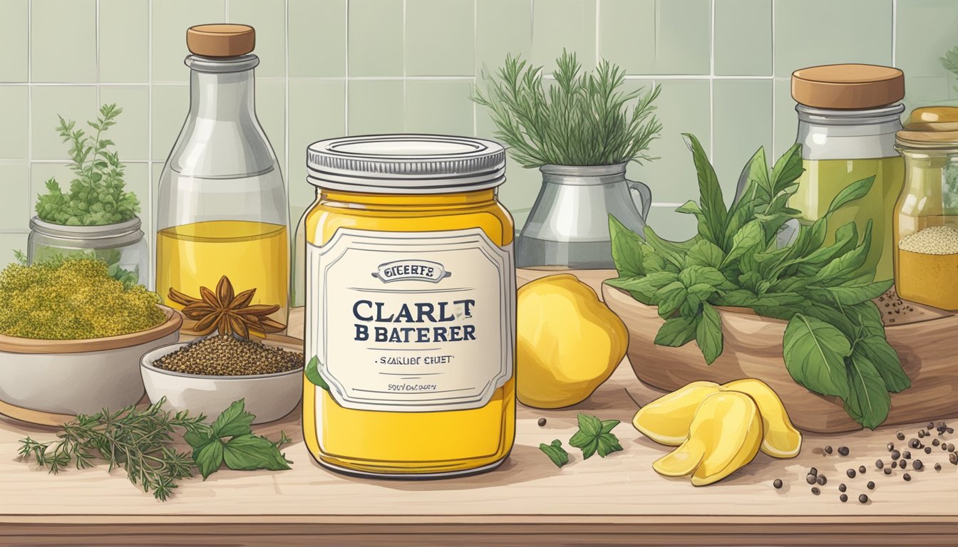 A jar of clarified butter sits on a kitchen counter, surrounded by various spices and herbs. A small container of salt is nearby