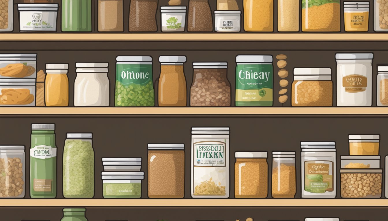 A pantry shelf with a dusty box of onion soup mix, surrounded by other expired food items